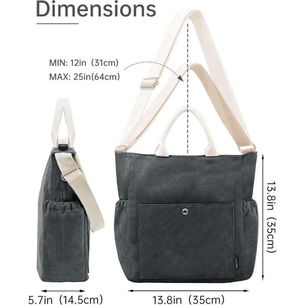 Prite Women Grey Corduroy Large Hobo Shoulder Crossbody Tote Bag With Pockets - Picture 3 of 6